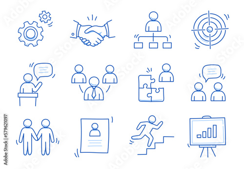 Doodle business team icon set. Doodle teamwork people community, office man group work concept. Target, talk man, handshake element. Hand drawn sketch style vector illustration