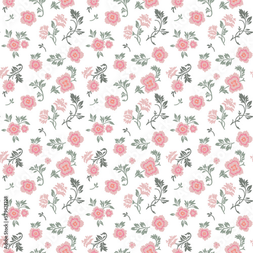 Seamless vintage pattern on a white background. Small pink flowers with green leaves. Vector texture. Fashionable print for textiles and wallpaper.