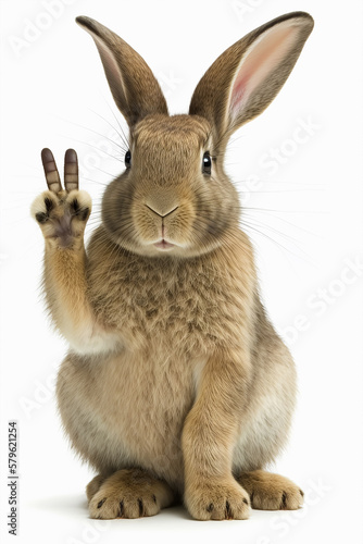 Funny rabbit, showing a sign peace. Generative AI
