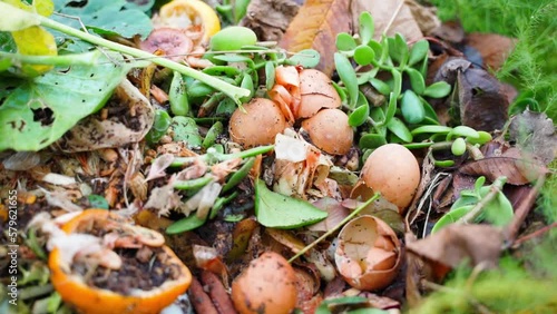 Smooth camera movement over a compost heap close-up. Various biodegradable human waste. Sorted organic waste