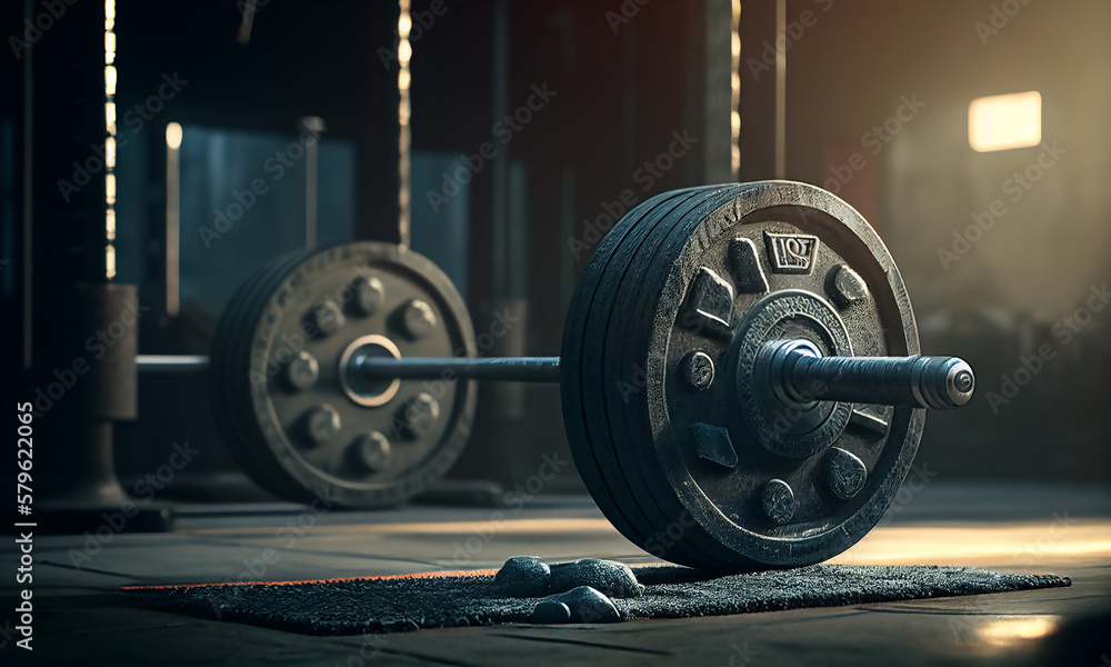Barbell in the gym. The concept of sport and healthy lifestyle. Generative AI.