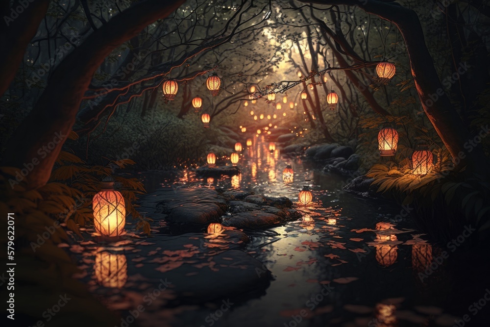 Immerse Yourself in a Hyper-Detailed Forest with Glowing River, Floating Lanterns and Insane Details in Unreal Engine 5 - Ultra-Wide Angle and Depth of Field! , Generative ai - obrazy, fototapety, plakaty 