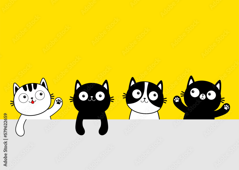 Cat head face line contour icon set. White black doodle kitten. Cute cartoon funny character. Funny kawaii smiling sad pet animal. Paw print. Different emotions. Flat design Yellow background Cat head face line contour icon set. White black doodle kitten. Cute cartoon funny character. Funny kawaii smiling sad pet animal. Paw print. Different emotions. Flat design Yellow background