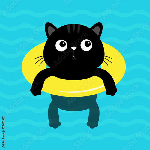 Black cat floating on yellow pool float water circle. Top air view. Hello Summer. Swimming pool sea ocean water. Lifebuoy. Cute cartoon relaxing character. Flat design.