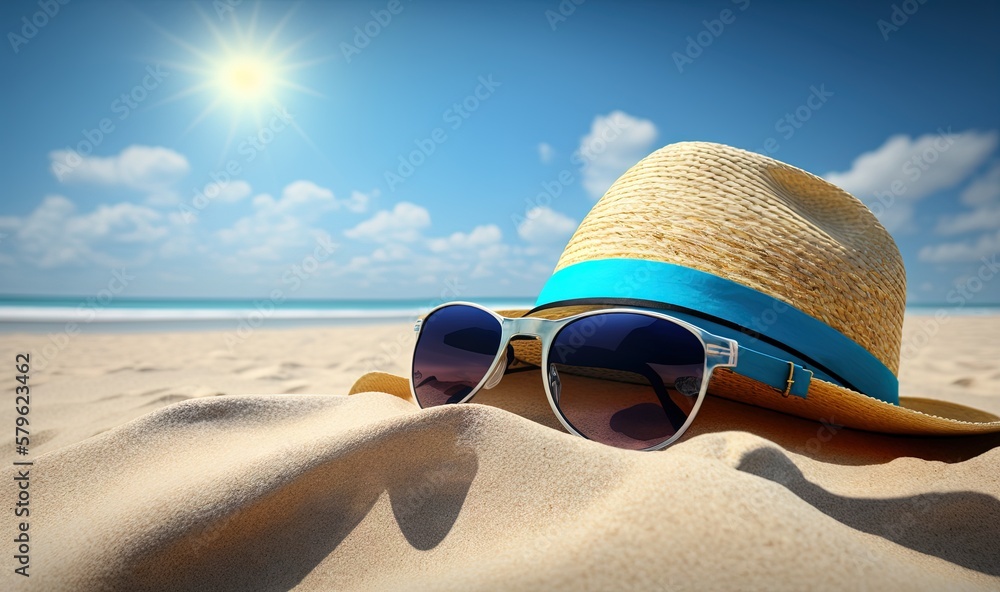  a straw hat, sunglasses and a blue ribbon on a beach with the sun shining in the background and a blue sky with clouds and sun.  generative ai