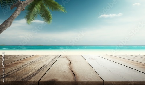  a wooden table top with a palm tree on a tropical beach with blue sky and ocean in the background with a palm tree in the foreground. generative ai