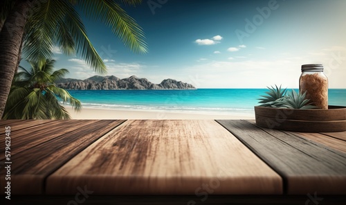  a wooden table with a jar on top of it next to a palm tree and a beach in the background with a blue sky and white sky.  generative ai