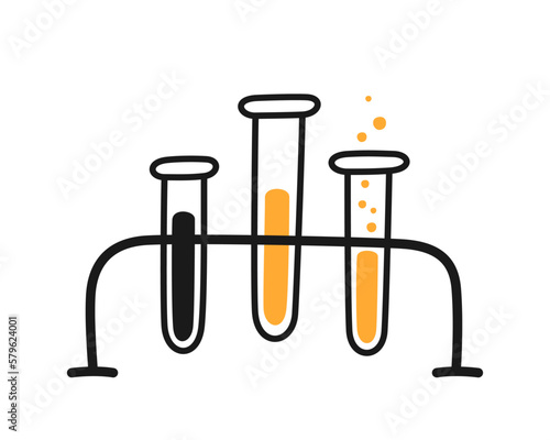 Science laboratory experiment. Lab chemistry test. Hand drawn chemical processes. Doodle vector illustration with lab glass flask on white background.