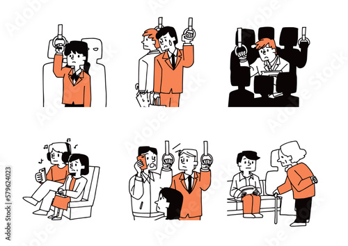 電車やバスの中での犯罪や迷惑行為のイラストセット
