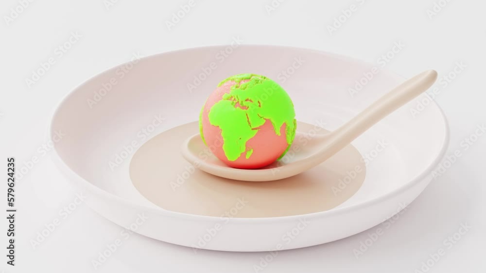 Ice cream or Sweets dessert in shape of globe pink green color on spoon placed on plate. Minimal idea concept, Alpha Channel. Animation, 3D Render. Ice cream or Sweets dessert in shape of globe pink green color on spoon placed on plate. Minimal idea concept, Alpha Channel. Animation, 3D Render.