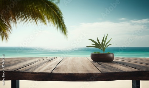  a wooden table with a potted plant on top of it on a beach with a view of the ocean in the background and a palm tree in the foreground. generative ai