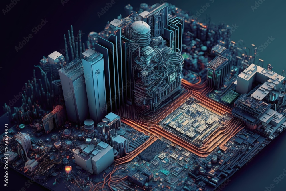 Obraz premium Miniature Motherboard city with tall buildings. Generative AI. 
