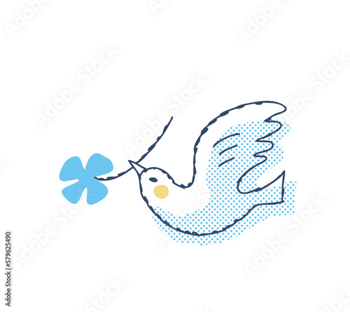 四葉のクローバーを咥えて飛んでいる鳥