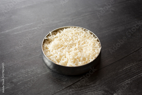A view of a balti bowl of basmati rice. photo