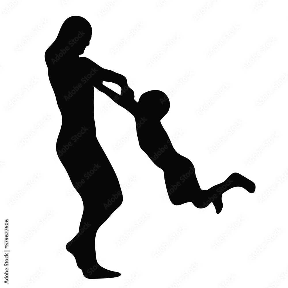 Mother playing with child silhouette vector illustration isolated on white. Silhouette vector art. Mother playing with child silhouette vector illustration isolated on white. Silhouette vector art.