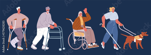 Vector cartoon illustration of Disabled people, people with disability, therapy, rehabi. Man on crunch, woman in wheelchcair, Oldman elderly man using walking frame, blind woman walking with guide-dog