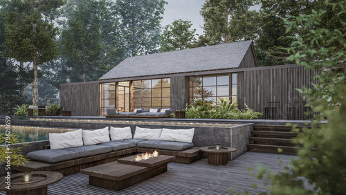 Architecture 3d rendering of wooden house with a pool and a deck with a fire pit and a huge couch © Aris Suwanmalee
