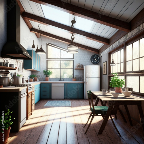 kitchen modern rustic grey brown hardwood floors stainless steel appliances large windows bright natural light