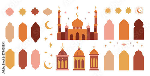Collection of elements, symbols and icons in the oriental style of Ramadan Kareem and Eid Mubarak. Islamic windows and  arches, mosque, stars and crescent, mosque domes and lanterns.