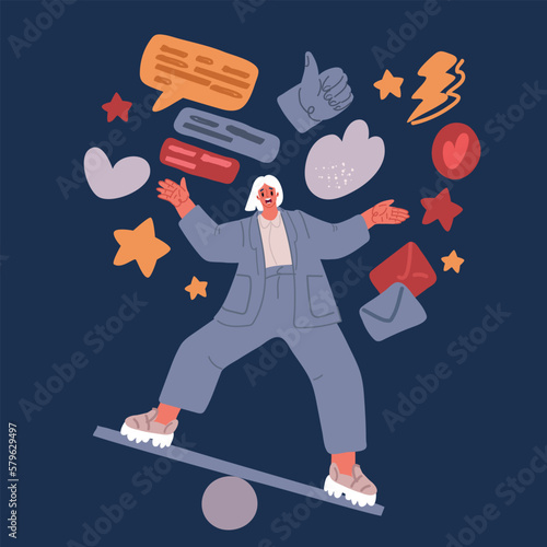 Cartoon vector illustration of Woman achieve balance. Female leader helps newcomer to climb career. Work relations between colleagues.