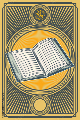 opened Holy book of Quran for Ramadan Mubarak hand drawn sketch vector illustration