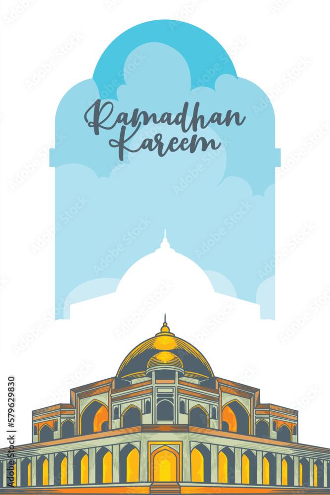 Hand drawn of mosque for ramadan with vintage Background. Vector Illustration - obrazy, fototapety, plakaty 