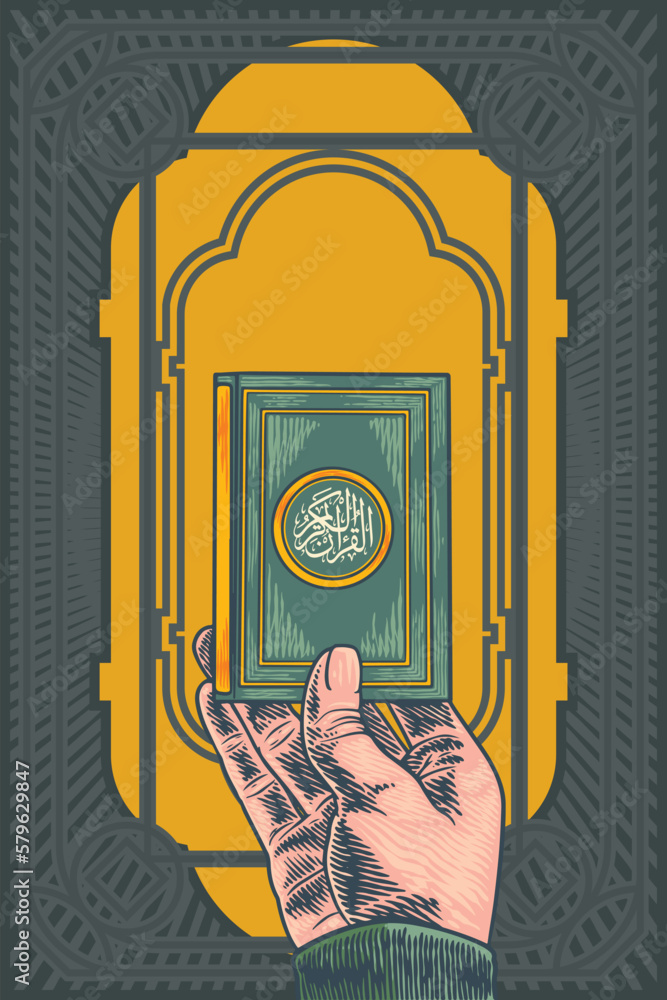 hand holding Holy book of Quran for Ramadan Mubarak hand drawn sketch vector illustration - obrazy, fototapety, plakaty 