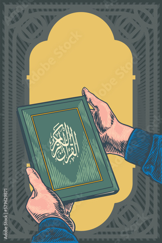 hands holding Holy book of Quran for Ramadan Mubarak hand drawn sketch vector illustration
