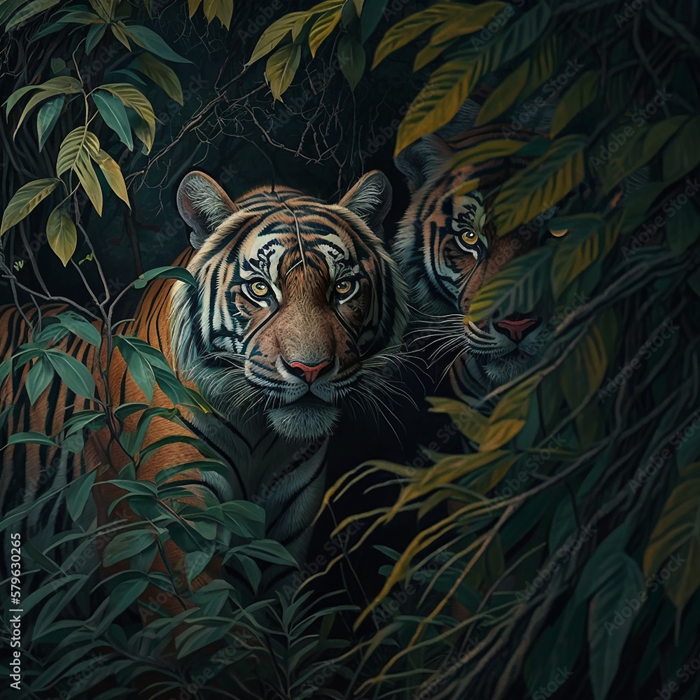A tiger stalks its prey in a thicket of trees. The concept of animal life in the wild. Made with Generative AI. A tiger stalks its prey in a thicket of trees. The concept of animal life in the wild. Made with Generative AI.