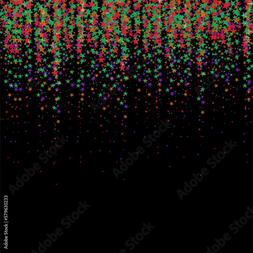 Rain of colored stars, colored confetti in the form of stars on a black background, design element