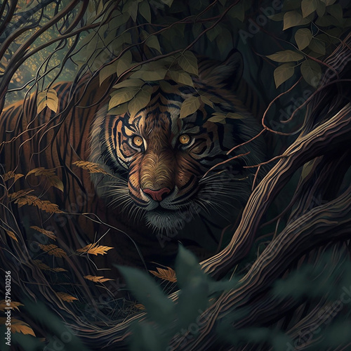 A tiger stalks its prey in a thicket of trees. The concept of animal life in the wild. Made with Generative AI.