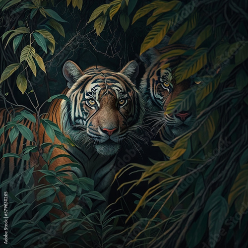 A tiger stalks its prey in a thicket of trees. The concept of animal life in the wild. Made with Generative AI. © Alpa