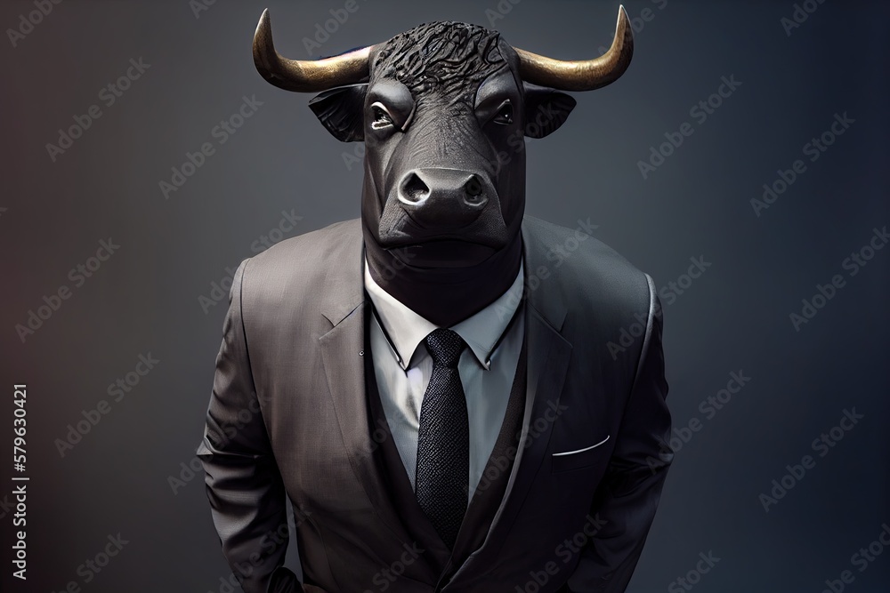 Bull in business office suit portrait. Bull market, stock market, generative ai Bull in business office suit portrait. Bull market, stock market, generative ai