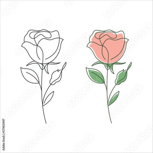 Rose flower linear drawing. Decorative beautiful rose flower with thin line. Minimalist rose illustration. Vector illustration