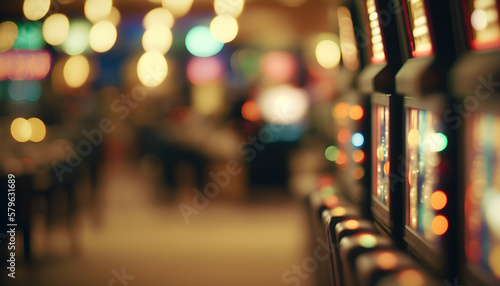 Blurred image of slot machines at the Casino games. people playing casino games