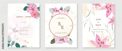 Luxury wedding invitation card background vector. Watercolor botanical flowers, geometric circle frame and gold ink splatter texture. Design illustration for wedding and vip cover template, banner.