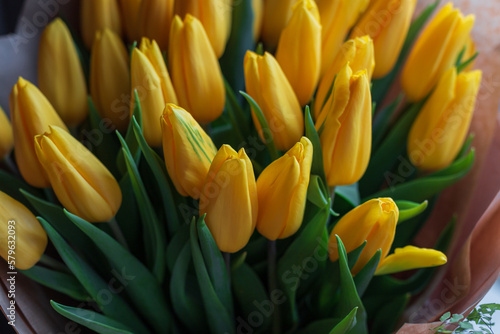 Beautiful spring bouquet of yellow tulips. Women's Day
