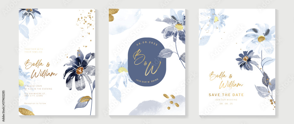 Luxury wedding invitation card background vector. Hand drawn flowers with blue theme watercolor, gold ink brush paint splatter texture. Design illustration for wedding and vip cover template, banner.