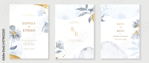 Luxury wedding invitation card background vector. Watercolor floral leaf branch with golden foil brush paint and ink splatter texture. Design illustration for wedding and vip cover template, banner.