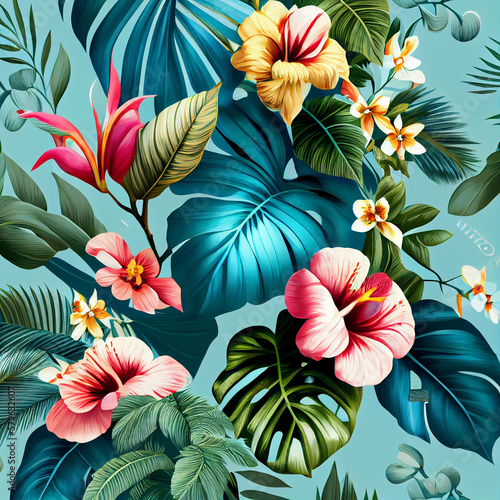 Coral vector tropical seamless pattern with hibiscus flowers and palm leaves.