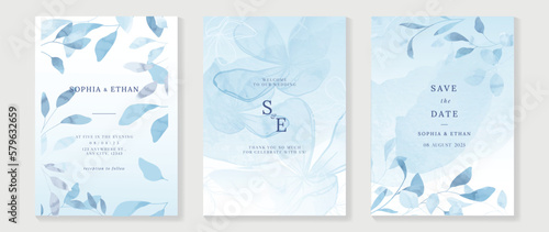 Luxury wedding invitation card background vector. Hand drawn botanical floral leaf branch in blue theme watercolor texture background. Design illustration for wedding and vip cover template, banner.