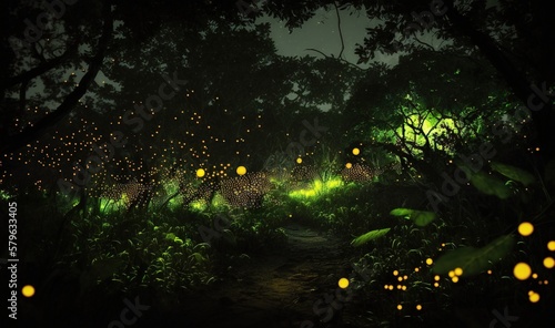  a path in a forest with lots of fireflies on the trees and lights in the grass and bushes around the path are glowing yellow.  generative ai © Shanti