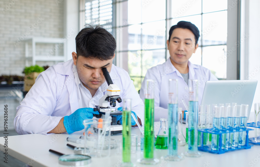 Asian professional male scientist researcher in white lab coat and rubber gloves sitting using microscope inspecting quality of vegetable in laboratory while colleague typing data in laptop computer Asian professional male scientist researcher in white lab coat and rubber gloves sitting using microscope inspecting quality of vegetable in laboratory while colleague typing data in laptop computer