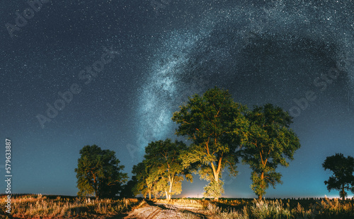 Panorama Milky Way Galaxy In Night Starry Sky Above Trees In Summer Forest. Glowing Stars Above Landscape. View From Europe. © Grigory Bruev