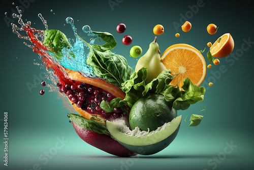 Splash levitation of organic foods fresh vegetables and fruits selection, healthy flying  food, vegan and diet clean eating on green background  Ai generative