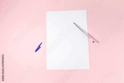 empty white paper sheet and a pen on pink background. Mockup