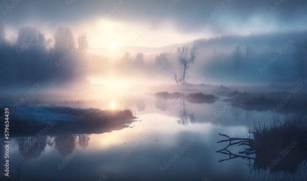  a foggy lake with trees in the background and the sun shining through the fog in the sky over the water and in the foreground.  generative ai