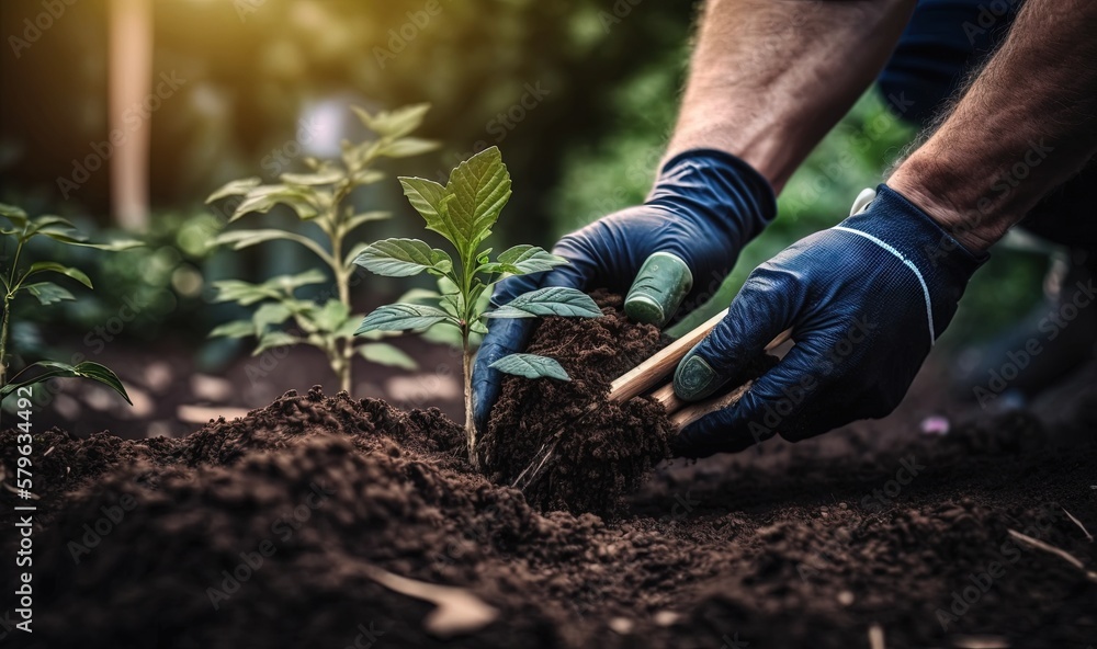 a man is digging in the dirt with a shovel and a plant in his hand, with a green background and sunlight coming through the trees. generative ai a man is digging in the dirt with a shovel and a plant in his hand, with a green background and sunlight coming through the trees. generative ai