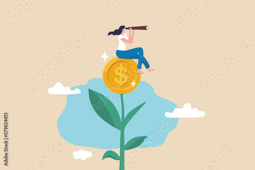 Investment or saving growth, growing wealth, financial and banking forecast, earning profit or grow income or mutual fund return concept, woman look through telescope on plant with money coin flower.