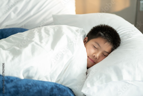 asian boy sleep on bed, child sick, kid sleep 